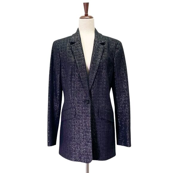W By Worth Single Button Blazer Black & Silver Tweed Boyfriend Jacket Size 10 - Picture 2 of 13